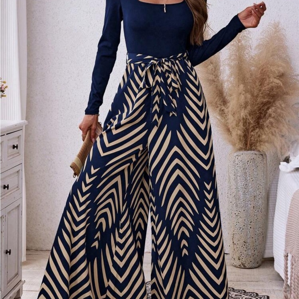 Navy and Cream Patterned Wide-Leg Jumpsuit